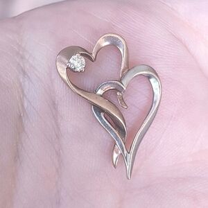 10K solid rose and white gold diamond double heart pendant